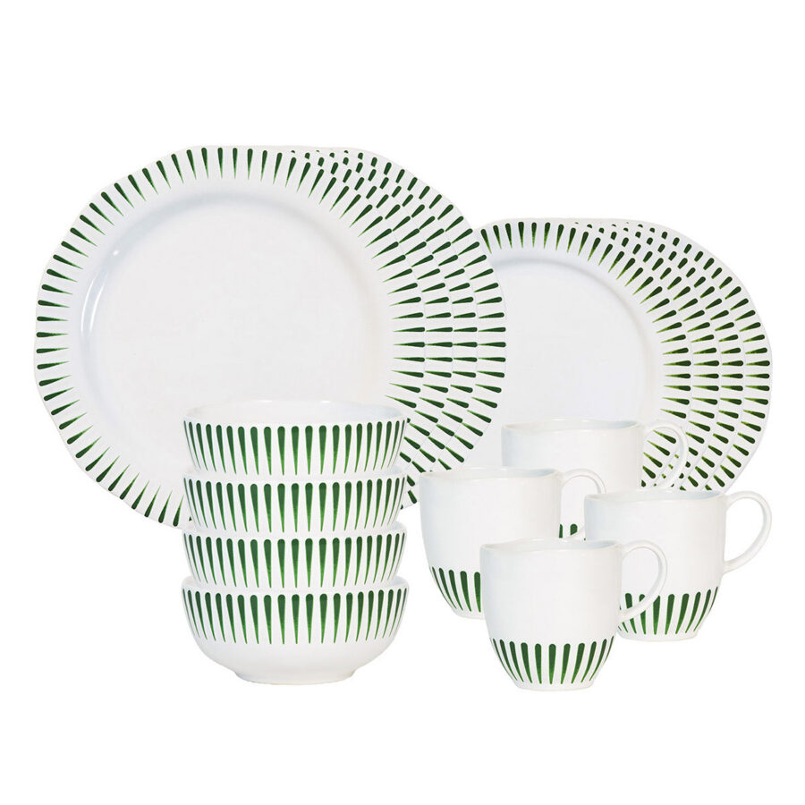 Textured Basil Green Striped Sixteen Piece Dinnerware Set